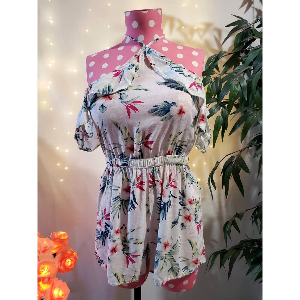 Hollister Womens XS Tropical Floral Lightweight Ruffled Off Shoulder Romper